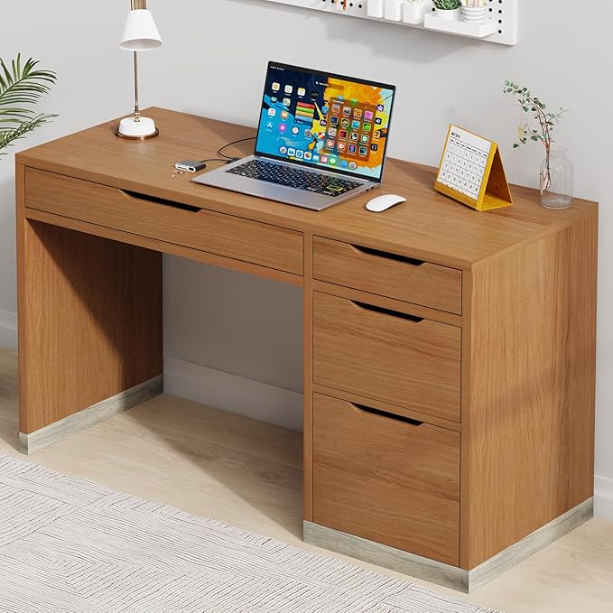 Small Desk with Drawers, 52 Inch Computer Desk with Storage, Home Office Desk with Filing Drawer for Bedroom, Brown