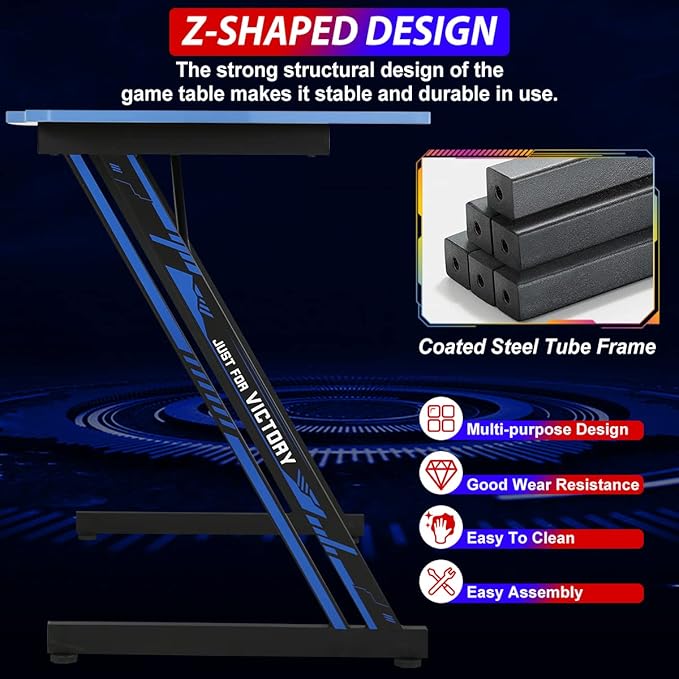Gaming Desk 47 Inch Z-Shaped Computer Desk Modern Ergonomic PC Computer Table Home Office Desk Racing Style Gaming Workstation with Headphone Hook, Blue