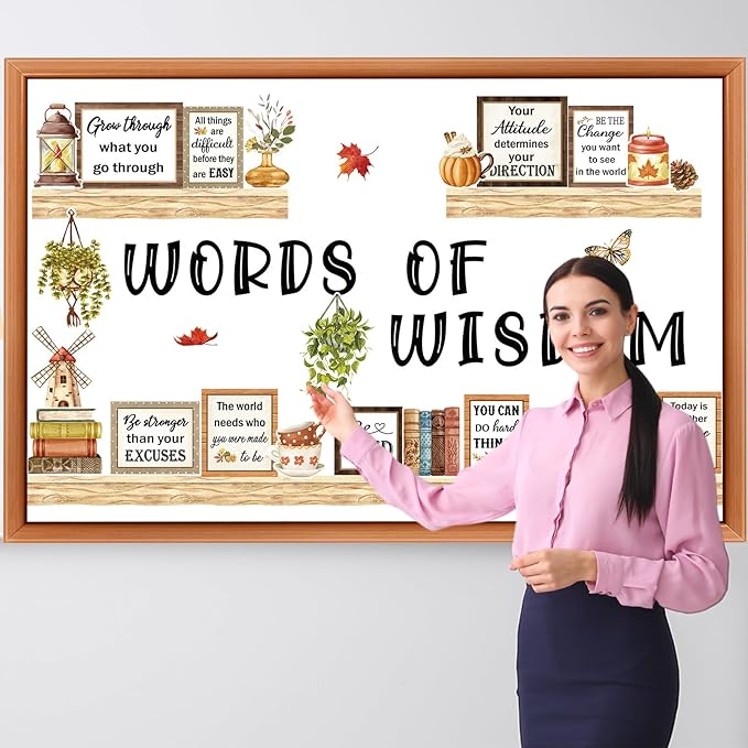 Qilery Bookshelf Bulletin Board Set, Motivational Words of Wisdom Cutouts for Classroom Decor, Rustic Boho Library Reading Nook Wall Posters, Inspirational Teacher Supplies for Back to School