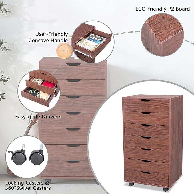 Ochine 5 Drawer Lateral File Cabinet Office Mobile Lateral Filing Cabinet Mobile Filing Storage File Vertical Wooden Cabinet with Wheel for Home and Office (Ship from USA)