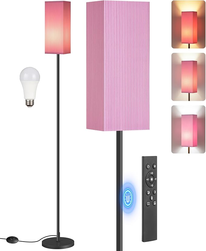 64.2” Dimmable Floor Lamp for Living Room with Remote and Foot Switch, Corner Floor Lamp for Bedroom, Includes 10W A19 Bulb, Modern Standing Tall Lamp, ETL Listed Pink and Black P17LD05