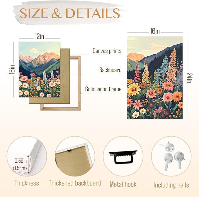 Hianan Mount Daisy Wildflower Landscape Wall Art, Colorful Floral Wall Decor, Boho Sunset Landscape Canvas Painting, Bright Botanical Poster Prints for Living Room Bedroom Framed 12"x16"x3