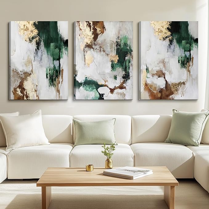 3Pcs Framed Green and Gold Canvas Wall Art Abstract Posters Print Brown and Gray Line Pictures Decor for Living Room Bedroom Bathroom Home Decoration