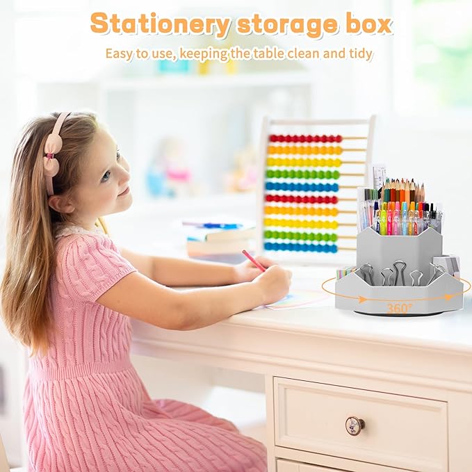 Pencil Pen Holder for Desk,9 Slots 360 Degree Rotating Desk Organizers,Desktop Storage Stationery Supplies Organizer, Cute Pencil Cup Pot For Office, School, Home(Grey)