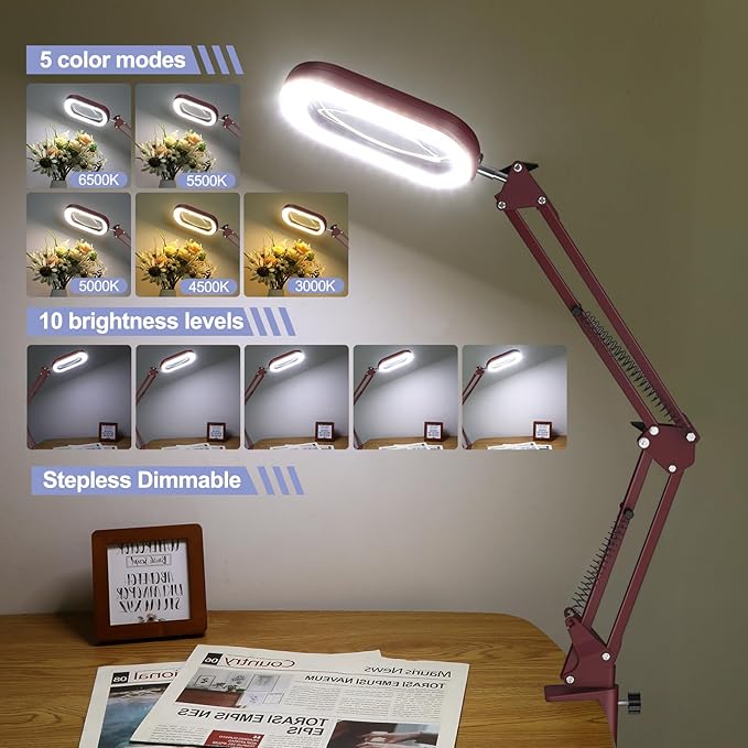 10X Rectangle Magnifying Glass with Light and Stand, 5 * 3 Inch Real Glass 5 Color Modes Stepless Dimmable LED Floor Lamp, 3-in-1 Large Lighted Magnifier for Reading Painting Craft Close Work - Red