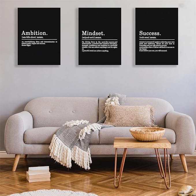 COSCTOR Set of 3 Motivational Wall Art Canvas Garage Office Workplace Living Room Bedroom Ambition Mindest Success Black and White Wall Decor Set of 3 Inspirational Quotes Posters Proverbs Paintings(Framed,12x16)