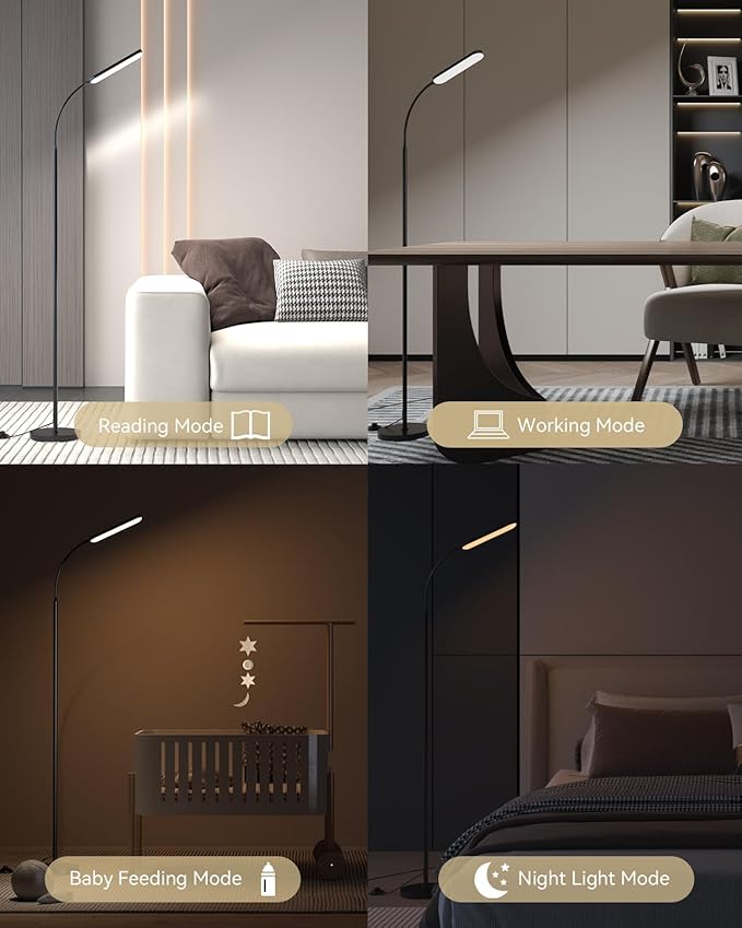 Floor Lamp - Bright 15W LED Floor Lamp with Remote & Touch Control - Stepless Dimming & Color Temperature Adjustable, Eye-Caring Standing Lamp with 1H Timer, Gooseneck Design for Living Room, Bedroom
