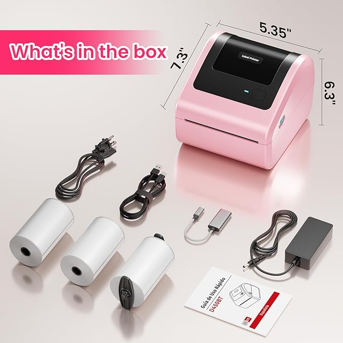 Bluetooth Shipping Label Printer with 3 Roll Labels, D450BT Pink Thermal Label Printer 4x6 for Small Business, Thermal Printers Come with 750PCS 4x6 White Labels (250 Labels/Roll)