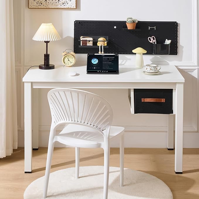 White Computer Desk with Drawer, 47 Inch Home Office Work Desks, Modern Writing Study PC Desk Gaming Table for Small Place Bedroom, Thickened Tabletop and Stable Metal Frame Leg Support