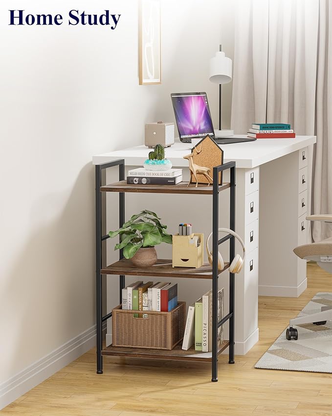 Kitsure 3-Tier Book Shelf - Wood & Metal Bookshelf with Handle & Adjustable Feet, Lightweight Bookcase for Living Room, Bedroom, Kitchen, Office or Dorm (16.5"×11.0"×28.1")