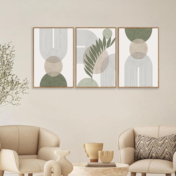 Framed Sage Green Boho Wall Art for Bedroom, Beige and Green 3 Piece Minimalist Artwork for Walls, Geometric Leaf Line Boho Small Paintings Prints for Hallway Kitchen Living Room Wall Decor, 12x16 In