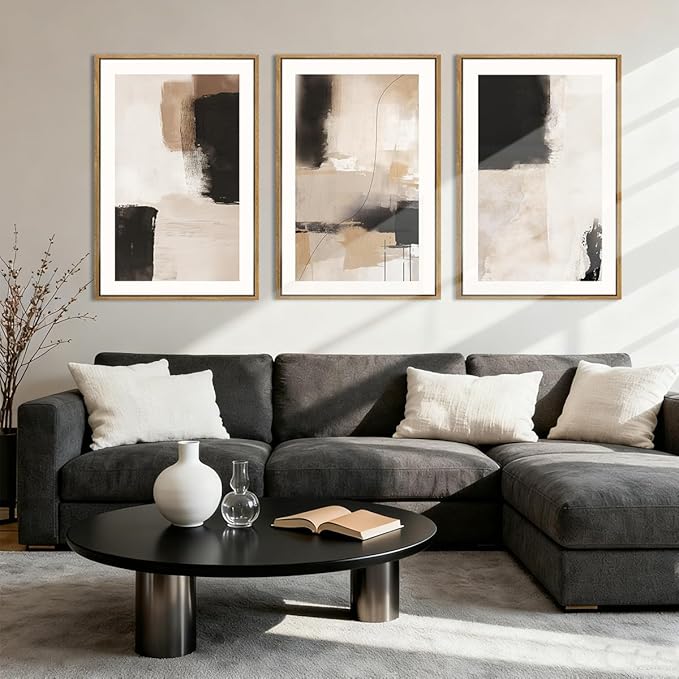 ANHUIB Neutral Abstract Wall Art Beige Modern Wall Decor 16x24 Inch Minimalist Black Paintings Set of 3 for Living Room Bedroom Dining Room