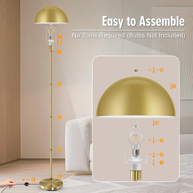 Modern Floor Lamps for Living Room, Gold Metal Mushroom Lamp, 66" Tall Corner Lamp, Footswitch, Bright Industrial Standing Lamps for Bedroom Nursery, Mid Century Modern Home Decor(E26 Base, NO BULB)