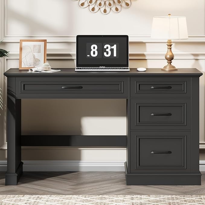 Vabches Farmhouse 47" Executive Desk, Computer Desk with Drawers and File Drawer, Workstation Computer Desk with Charging Station for Home Office, Study,(Pure Black