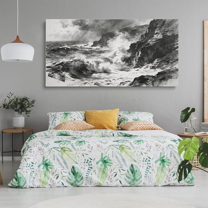 Black White Ocean Wave Framed Canvas Wall Art for Living Room, Coastal Decor 48" L x 24" W
