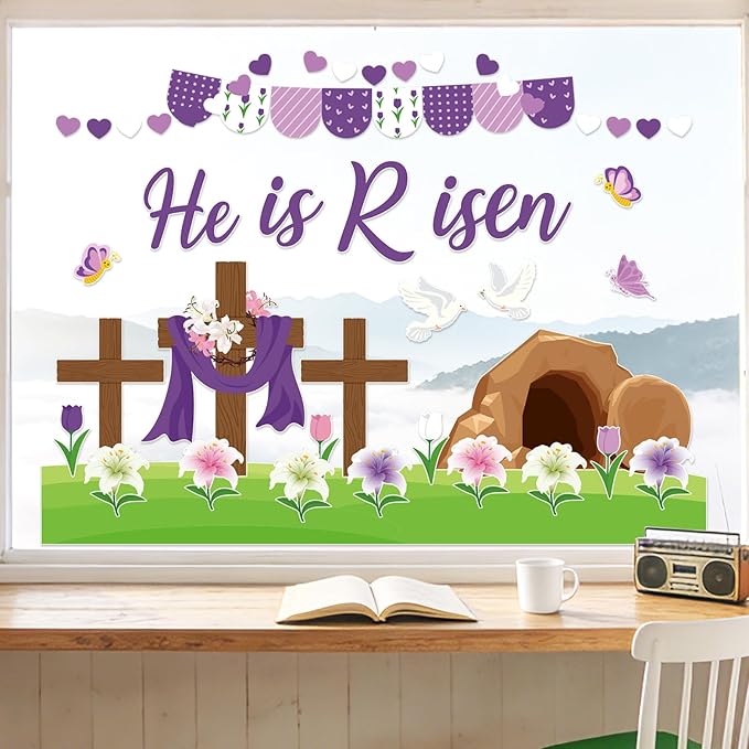 85Pcs Easter Bulletin Board Classroom Decorations Set He is Risen Christian Religious Bulletin Board Cross Flower Easter Cutouts Spring School Home Church Wall Door