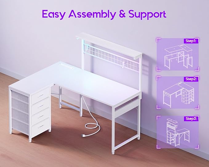 MOTPK 43” L Shaped Gaming Desk for Small Rooms, Compact Corner Computer Table with Shelf & Hutch, 4 Drawers, Reversible Study Table with LED Light, Power Outlets & USB Ports, Home Office Table, White