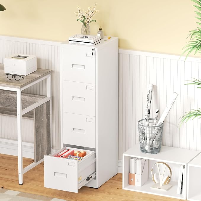 Greenvelly 4 Drawer File Cabinet with Lock, Metal Filing Cabinet for Home Office, Locking Vertical File Cabinet, 18" D File Cabinets for Home Office, Easy Assemble (White)