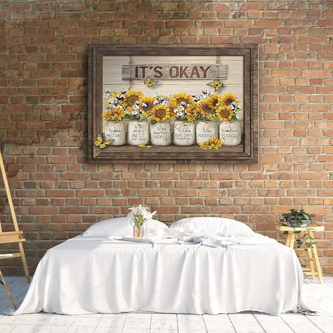 Parylore Sunflower Wall Art Canvas Print Wall Decor It'S Okay Quotes Inspirational Painting Framed Modern Artwork for Living Room Bedroom Bathroom Office Home Decor 16x24 In