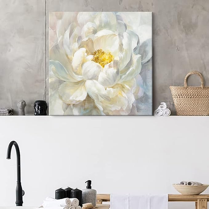 SEVEN WALL ARTS Peony Flower Canvas Wall Art Modern Yellowish Floral Picture Poster Print Abstract White Blossom Artwork for Bedroom Bathroom Kitchen Dining Room Home Decor 24"x24"