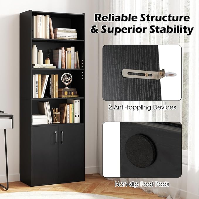 Giantex 70" Bookcase with 2 Doors, 6-Tier Modern Bookshelf w/Cabinet, Elegant Storage Cabinet, Adjustable Shelves, Multipurpose Display Rack, Storage Organizer for Living Room Bedroom Study (Black)