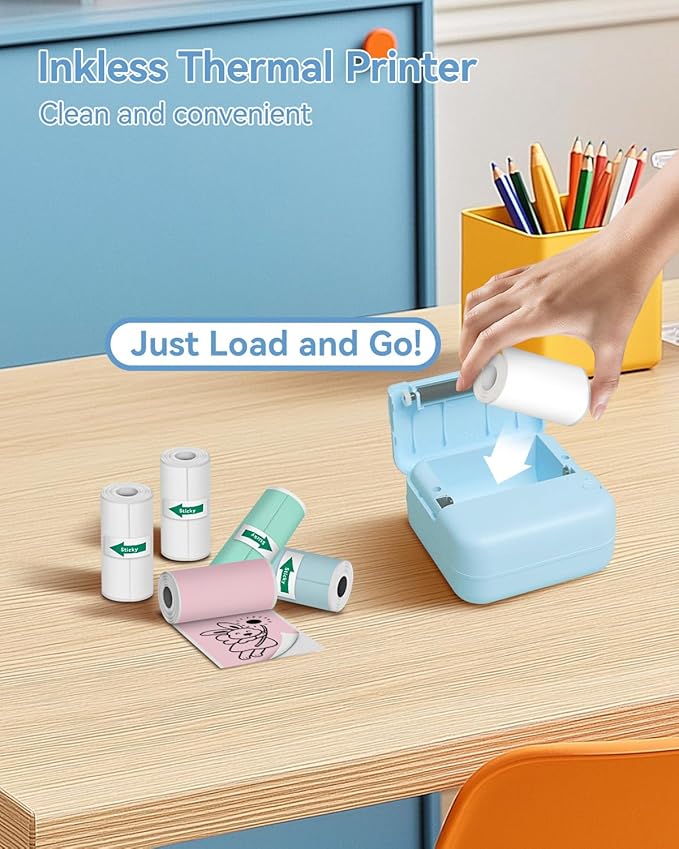 Aptika Label Maker - Mini Portable Sticker Printer with 14 Rolls Self-Adhesive Thermal Papers, Labeller Machine for Home Office Study Business Texts Journal, Blue