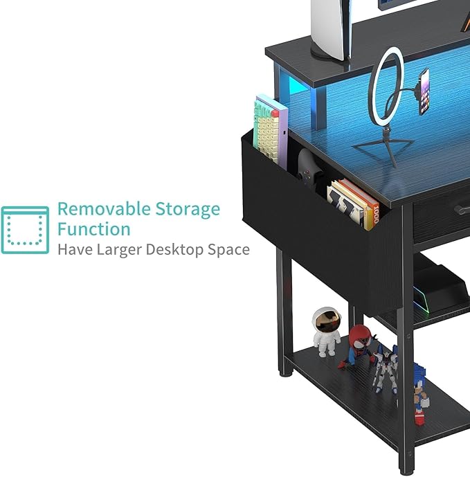 Lufeiya Gaming Desk with Led Lights and Power Outlets, 47 Inch Home Office Desk with Monitor Stand & Shelves, Writing Study Computer Desks with Fabric Drawers for Bedroom, Black