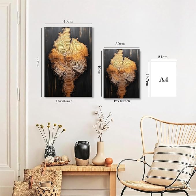 IBHJSART Framed Tree Ring Canvas Wall Art Black And Gold Wall Art Prints Modern Minimalist Pictures Neutral Nature Rustic Farmhouse Decor Living Room Bedroom Bathroom Office.