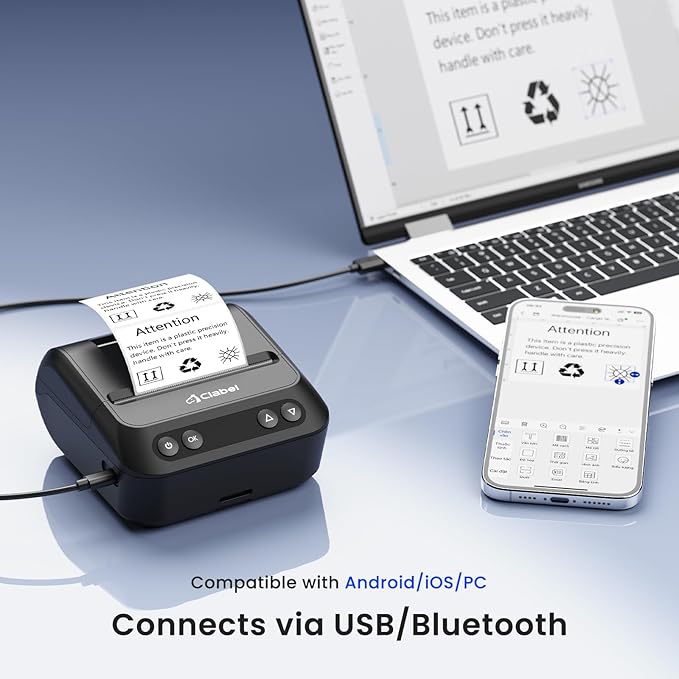 CLABEL 320B Label Maker 3 Inch Bluetooth Barcode Printer Thermal Label Printer Compatible for Small Business,Address, Office, 1 Roll 70x40mm Label