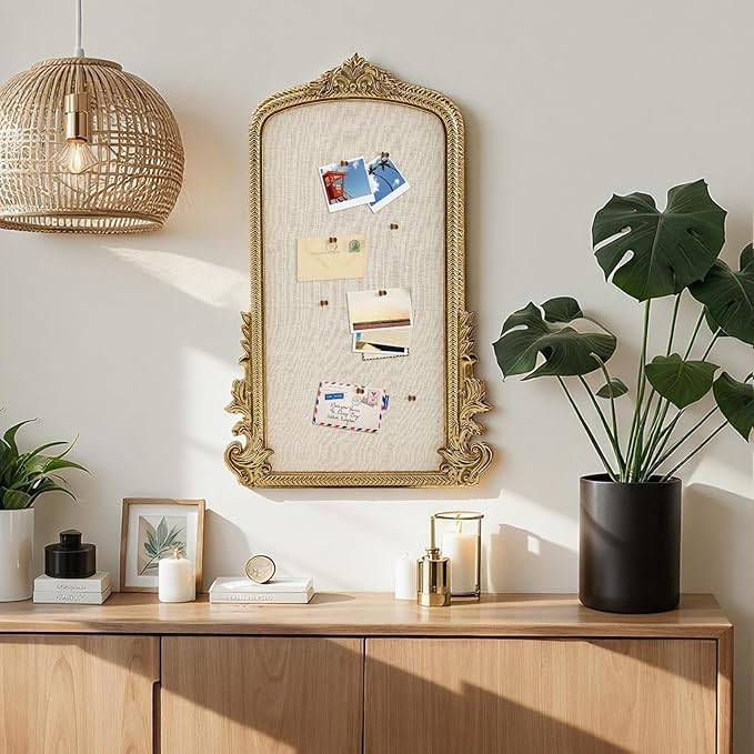 Vintage Framed Pin Board Linen Display Bulletin Board Large Cork Fabric Picture Photo Pinboard Memo Ornate Decorative Pinboard Ornate for Wall Gift(Arch,19" X 31",Gold)