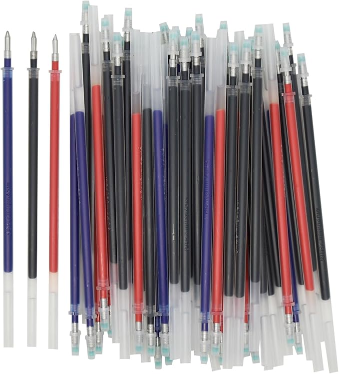 Maydahui 50 PCS Rollerball Gel Pen Refills 3 Colors Black Blue Red Metal Tip 0.7 mm Bullet 5 mm Aperture for School Party Office