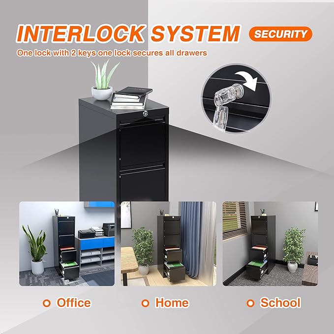 Metal Vertical File Cabinet with Lock,File Cabinet with 4 Drawer for Letter,Legal,F4,A4,14.96" W x 17.72" D x 52.36" H, Assembly Required,Black