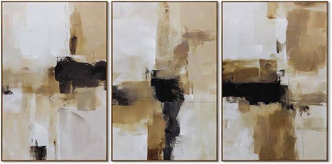 Neutral Abstract Textured Framed Canvas Wall Art Set, Minimalist Wall Decor Modern Art Prints, Black Brown Wall Painting Artwork for Living Room,Bedroom,Dining Room,Office, 16"x24"x3