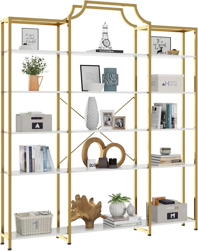 Auromie Triple Wide 5-Tier Bookshelf, 70.87" L x 79.13" H Extra Large Gold Bookcase, Tall Display Shelf with Metal Frame, Freestanding Etagere Storage Display Shelf for Home Office, White Gold