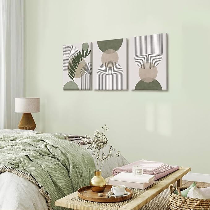 NCCXNCC 3Pcs Modern Geometric Canvas Wall Art Bohemian Style Green Abstract Wall Decor Art Minimalist Line Leaf Posters Print Suitable for Living Room Bedroom and Office Decoration 16x24 Inch Framed