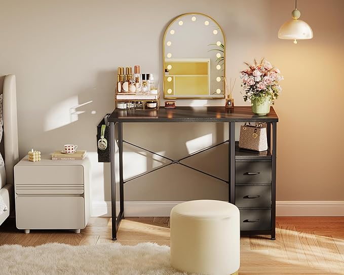 AODK 32-Inch Small Computer Desk with Fabric Drawers, Kids Girls Teen Study Writing Desk for Bedroom, Home Office Desk for Small Space, Black