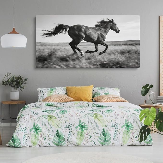 Black White Running Horse Framed Canvas Wall Art for Office, Animal Wall Decor 58" L x 28" W