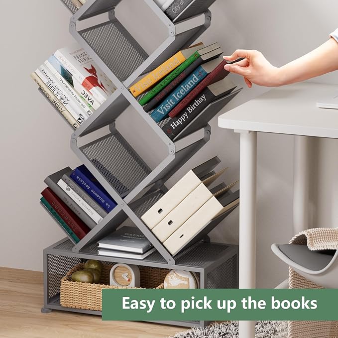 Gintan 9-Tier Modern Book Shelves with Storage, Bedroom Shelves Folding Bookshelves, No Installation Required Shelf Tree Bookcase for Living Room, Study, Home Office, Bed Room (Grey)