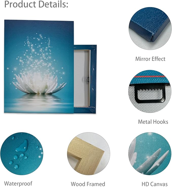 Canvas Prints Wall Art Lotus Flower Pictures Bathroom Decor Zen Painting Spa Photo Artwork Framed for Spiritual Meditation Yoga Room Ready to Hang 12 x 16inch