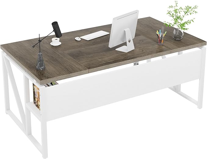Tribesigns 63 inches Computer Desk with Bottom Storage Shelf Home Office Desk Writing Table for Workstation,Dark Walnut + Steel Leg, Cabinet not Included (Dark Oak, 63-inch-with Shelf)