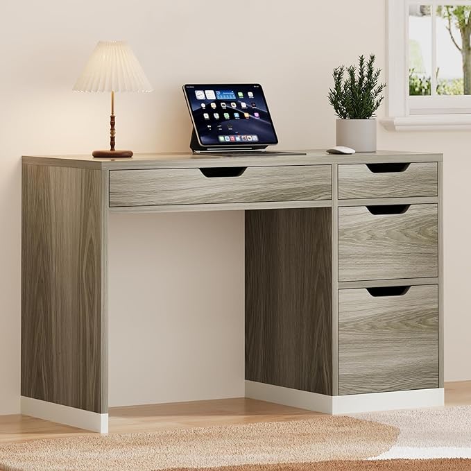 Small Computer Desk with Drawers, 48 Inch Home Office Desk with Storage for Bedroom, Wood Writing Study Desk for Small Space, Walnut