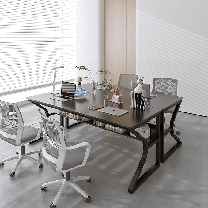 Extra Long Desk with Bookshelf - 63" Double Long Writing Table for 2-Person Workstation, Modern Study Work Computer Desk for Home and Office, Black
