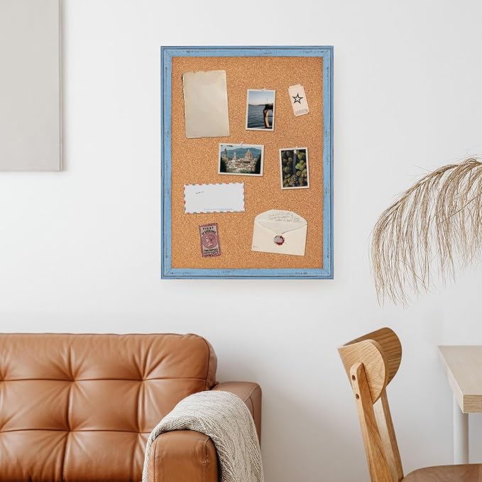 DOLLAR BOSS Cork Boards for Walls, 36 X 24 Inches Bulletin Board Decorative Hanging Pin Board Rustic Wooden Frame Vision Board Notice Board for Office Home Decor, Blue