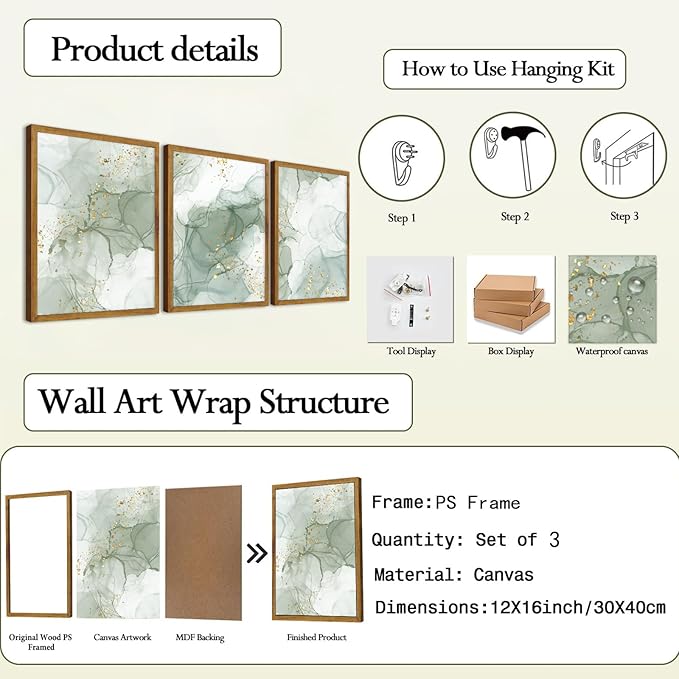 Framed Sage Green Wall Art Set of 3,Abstract Green Wall Decor Living Room,Minimalist Modern Framed Wall Art Marble Line Beige Gold Green Canvas Artwork Paintings,Boho Room Decor,Bedroom Bathroom Office Artwork,12"x16"