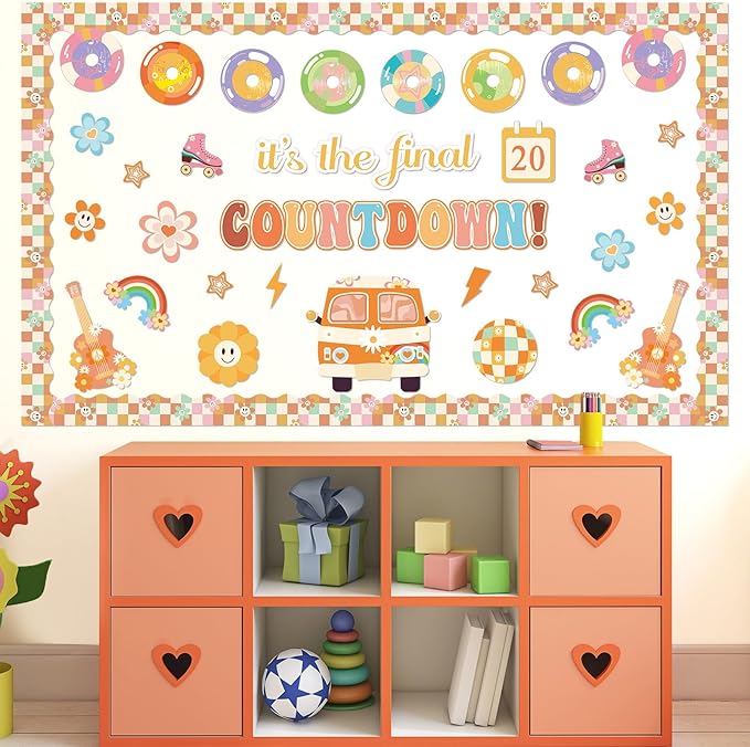 gisgfim Countdown to Summer Classroom Bulletin Board Decorations Set Spring Hippie End of The Year Cutouts May Groovy It's The Final Retro Bulletin Board for Classroom Home Wall Decor Supplies