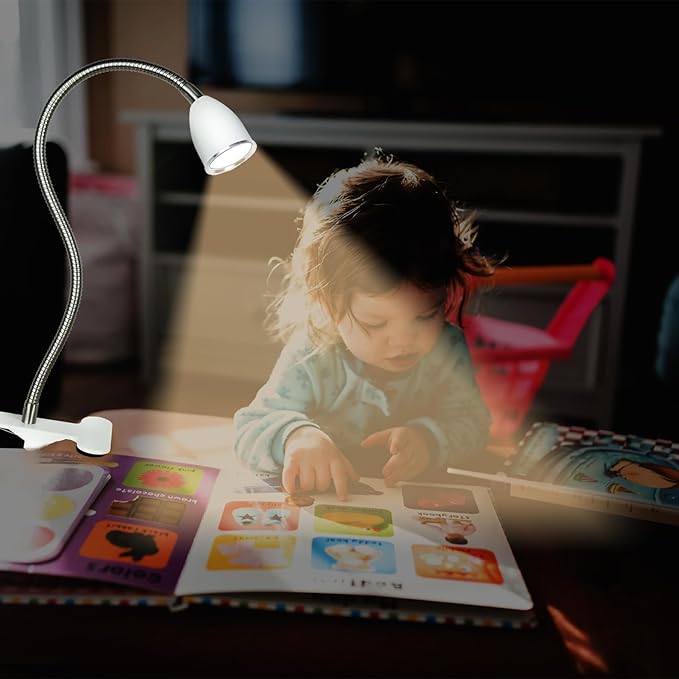 Desk lamp Eye-Caring Table Lamps, 360°Rotation Gooseneck Clip on Lamp Reading Light, Portable Reading Book Light, Clamp Light, Study Desk Lamps for Bedroom and Office Home Lighting (White with Dimme)