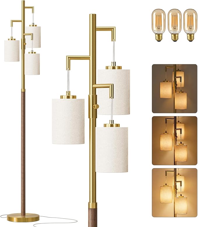 70" Dimmable Floor Lamp Wood Floor Lamps for Living Room Bedroom Mid Century Modern Floor Lamp Gold Standing Lamp Tall Lamps for Office Nursery Reading Elegant Stand Up Lamp, 3 Bulbs Included