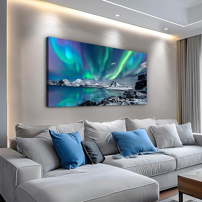MHARTK66 Large Wall Decor For Living Room Canvas Wall Art For Bedroom Blue Aurora Scenery Painting Artwork Modern Canvas Art Prints Ready To Hang Office Pictures For Hotel Room Home Wall Decoration