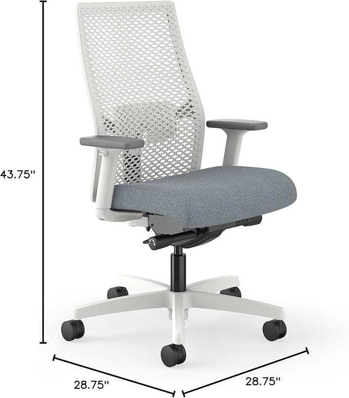 HON Ignition 2.0 ReActiv Office Chair, Mid-Back, Synchro-Tilt, Basalt Seat Fabric, Home Office Desk Chairs, Designer White ReActiv Back, White Frame