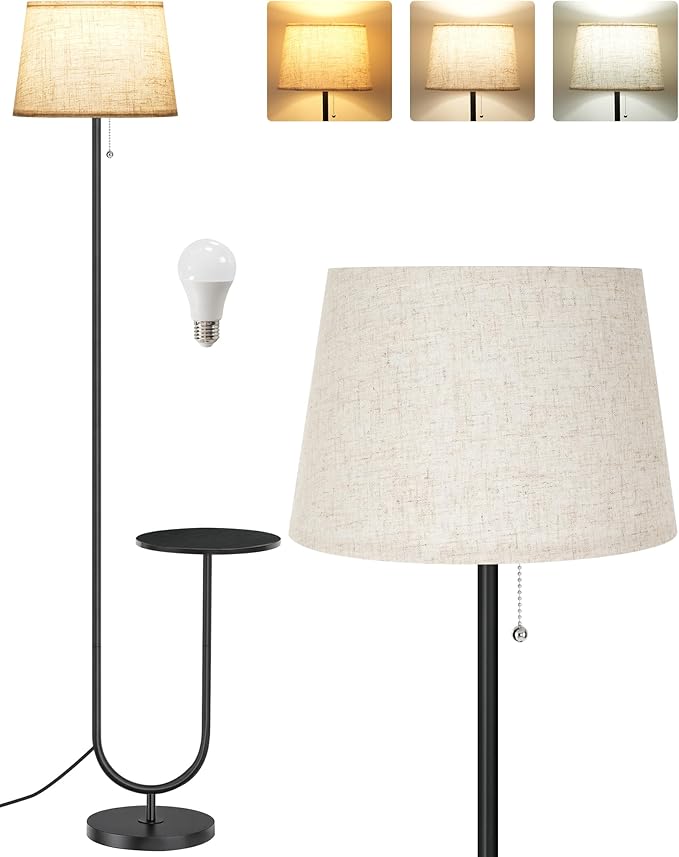 Floor Lamp with Side Table, Standing Lamp for Living Room with Tray, Pull-Chain Switch, for Living Room, Bedroom, 3 Color Temperatures, 9W LED Bulb Included, Black and Beige BE21LD05